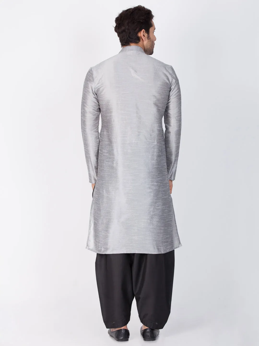 VM BY VASTRAMAY Men's Grey Cotton Silk Blend Kurta and Dhoti Pant Set