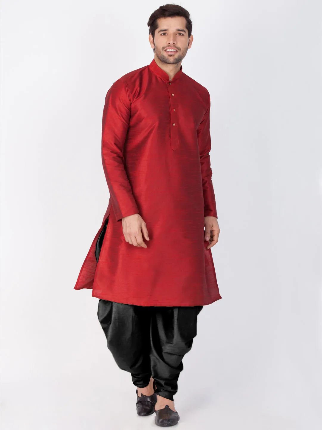 VM BY VASTRAMAY Men's Maroon Cotton Silk Blend Kurta and Dhoti Pant Set