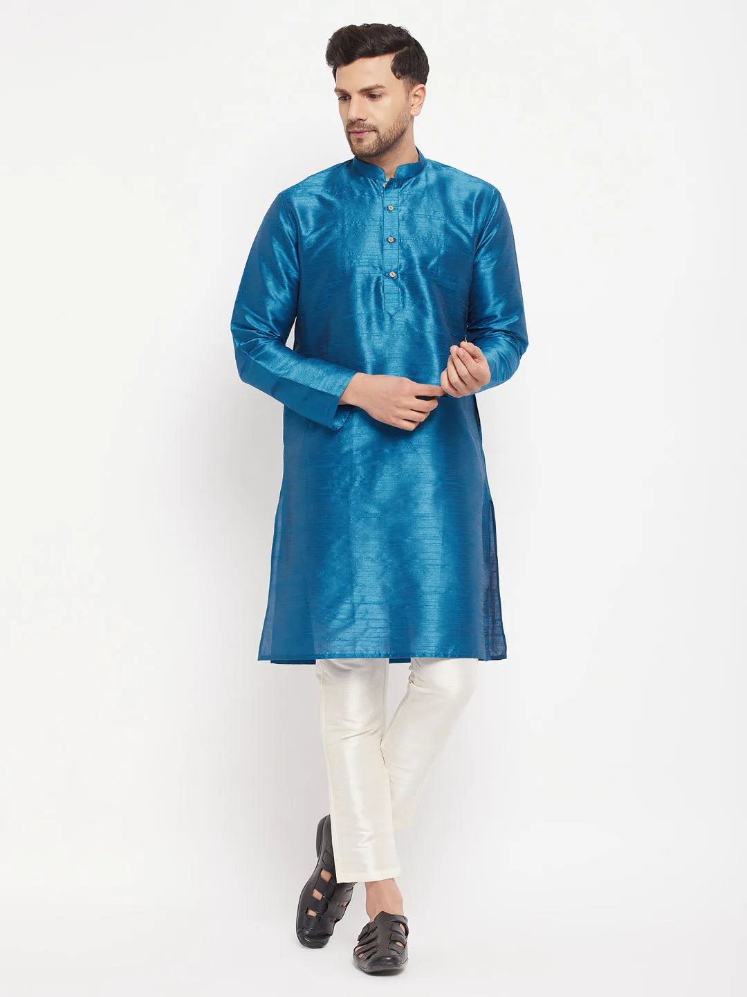 VM BY VASTRAMAY Men's Turquoise Blue Cotton Silk Blend Kurta and Pant Style Pyjama Set