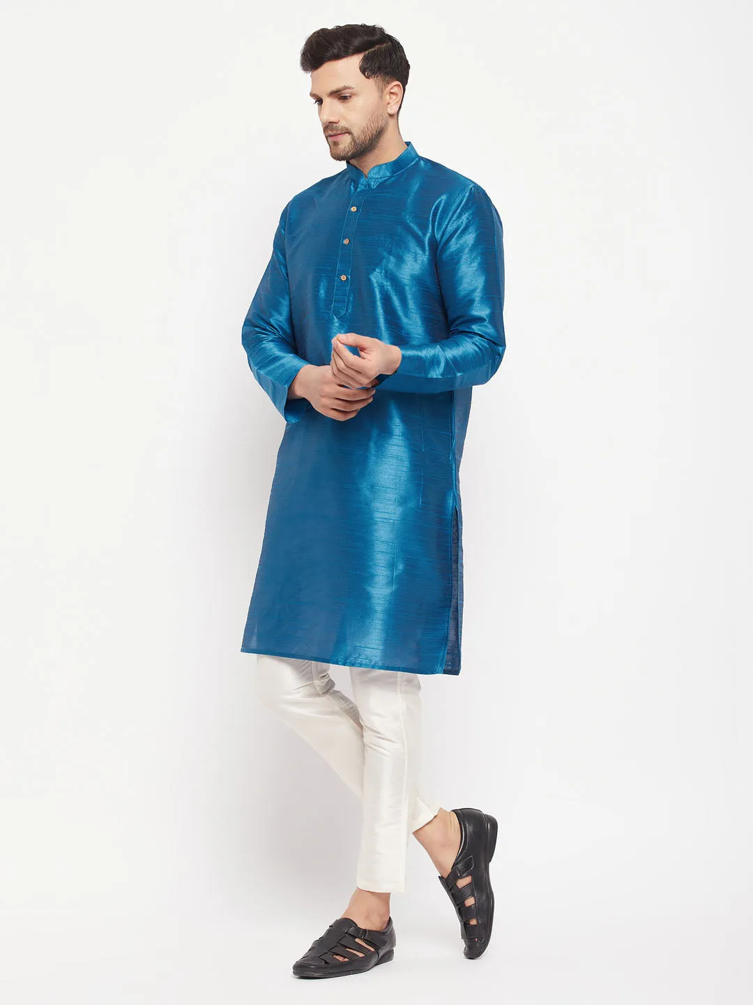 VM BY VASTRAMAY Men's Turquoise Blue Cotton Silk Blend Kurta and Pant Style Pyjama Set