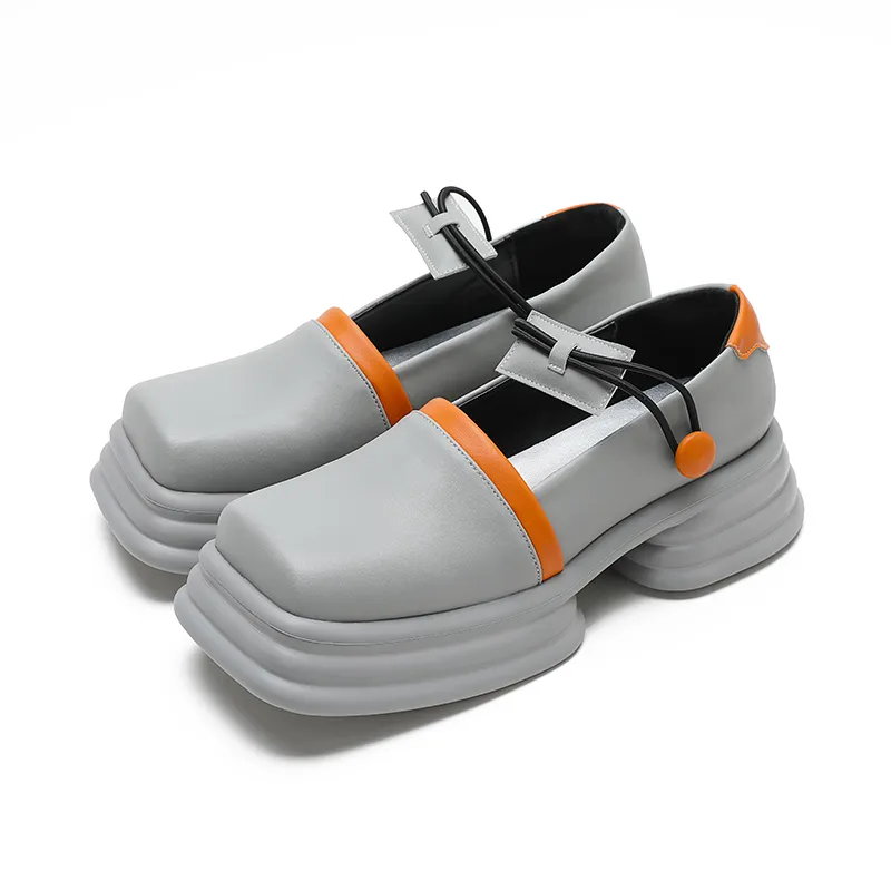 Women Retro Color-blocking Platform Leather Shoes Gray 