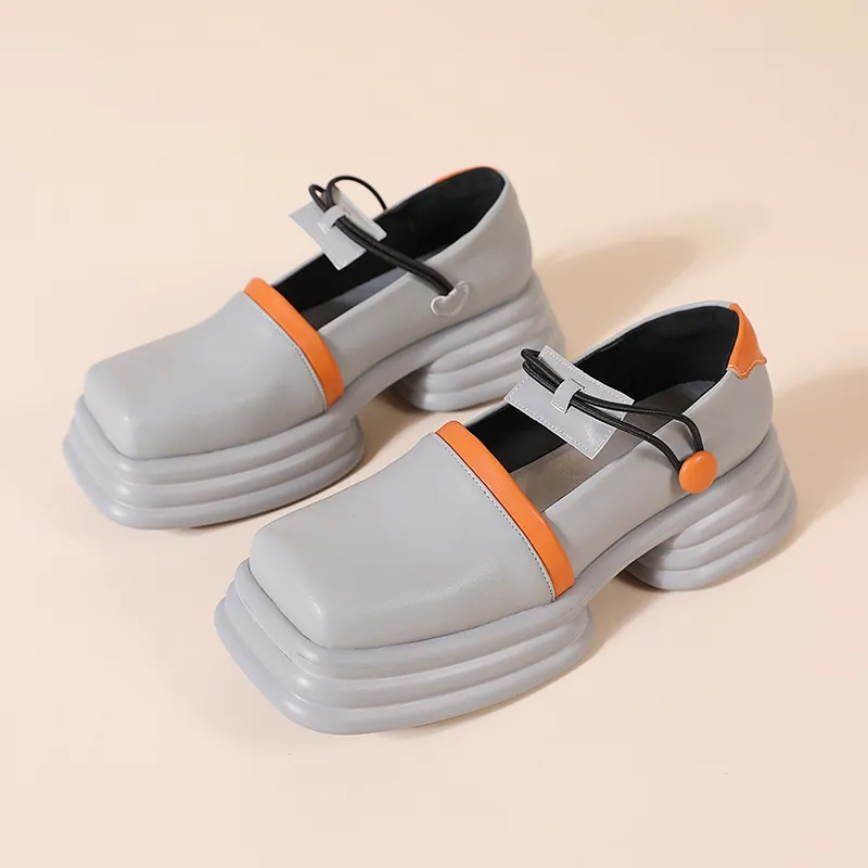 Women Retro Color-blocking Platform Leather Shoes Gray 