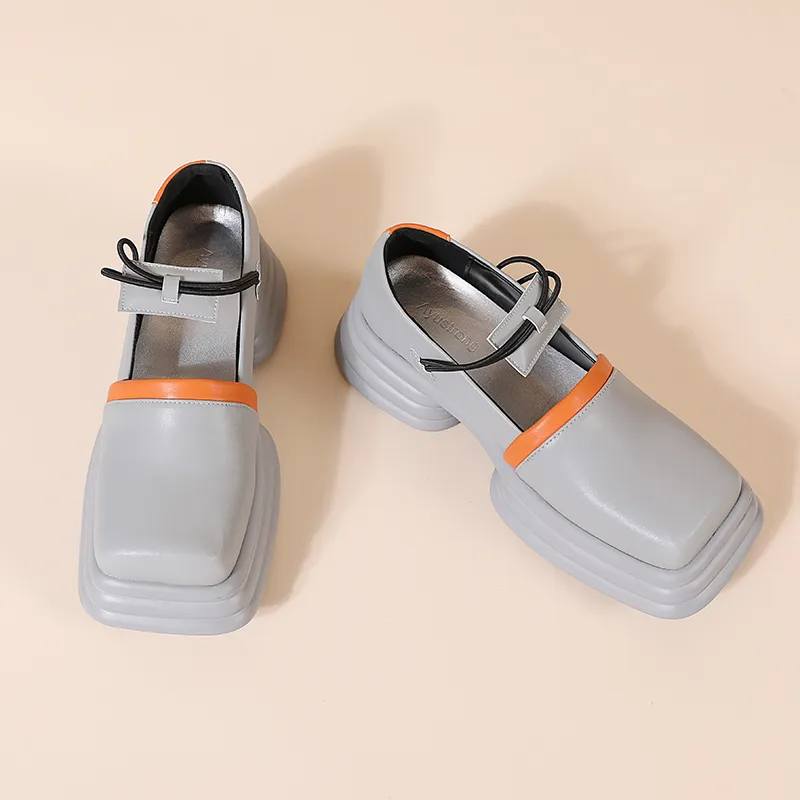 Women Retro Color-blocking Platform Leather Shoes Gray 