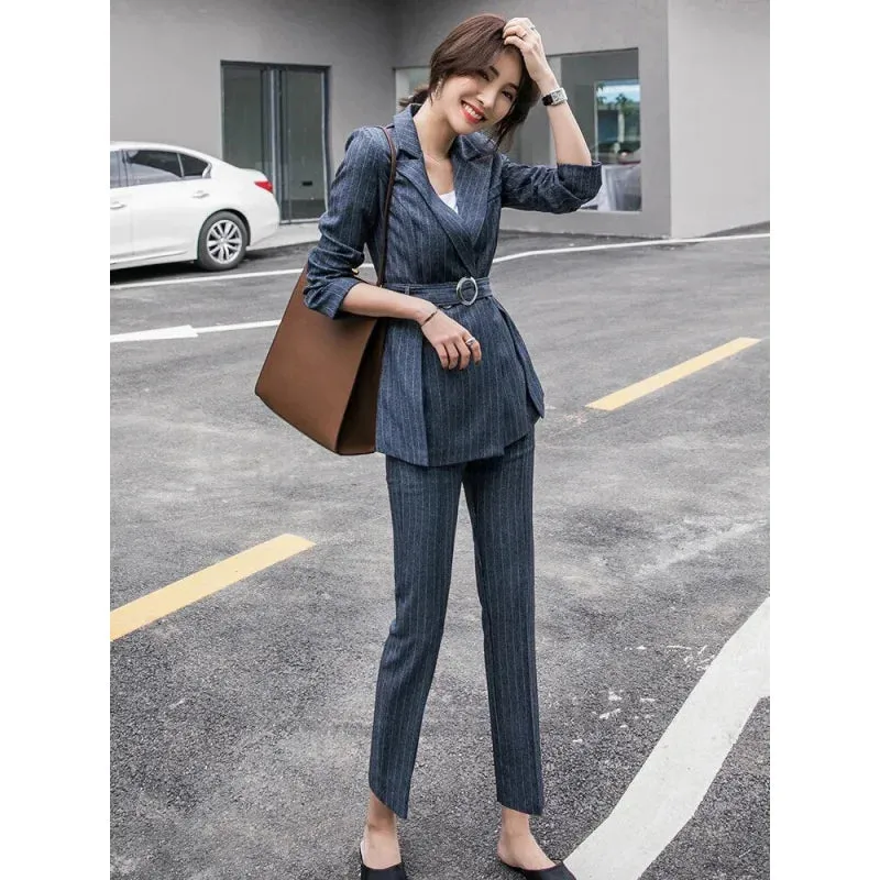 Women's Formal Retro Style Striped Belt Decor Blazer Pencil Pants Set