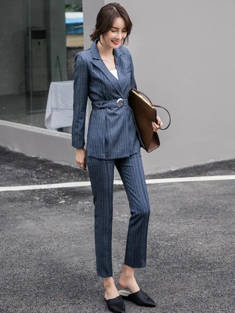 Women's Formal Retro Style Striped Belt Decor Blazer Pencil Pants Set