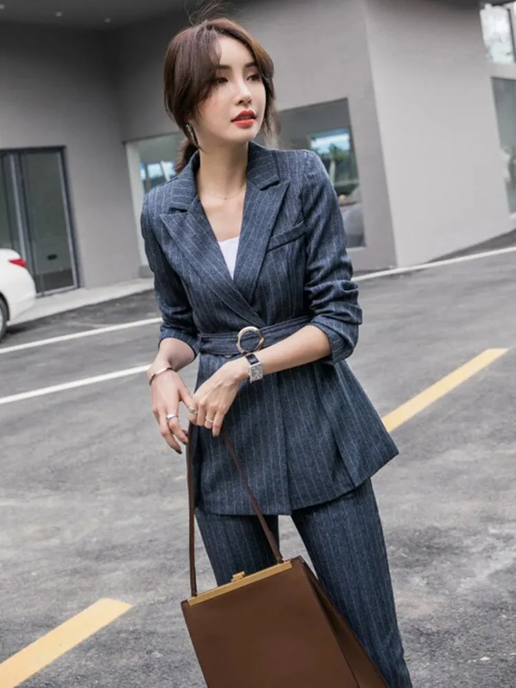 Women's Formal Retro Style Striped Belt Decor Blazer Pencil Pants Set