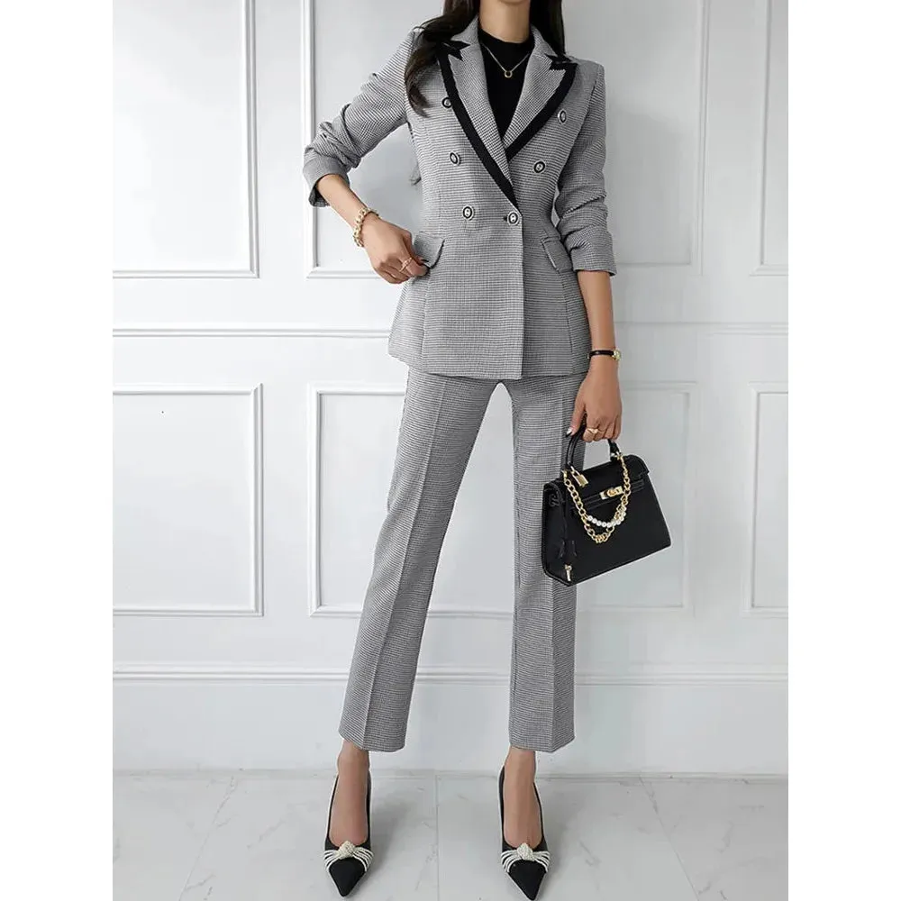 Women's Vintage Notched Collar Blazer High Waist Straight Pants Set