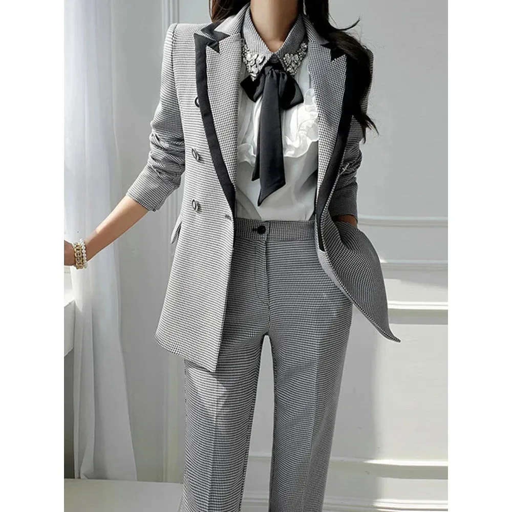 Women's Vintage Notched Collar Blazer High Waist Straight Pants Set