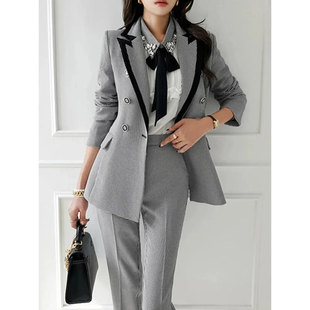 Women's Vintage Notched Collar Blazer High Waist Straight Pants Set