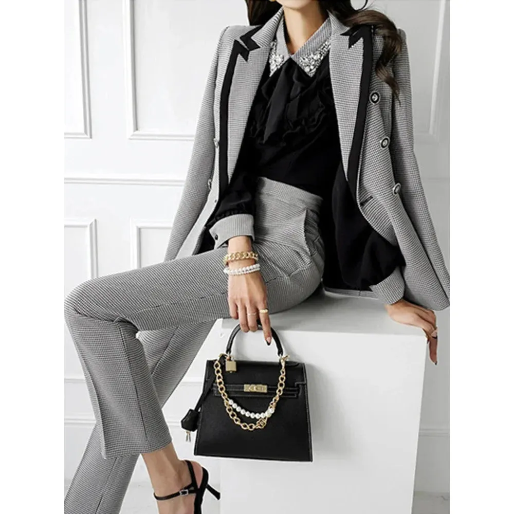 Women's Vintage Notched Collar Blazer High Waist Straight Pants Set