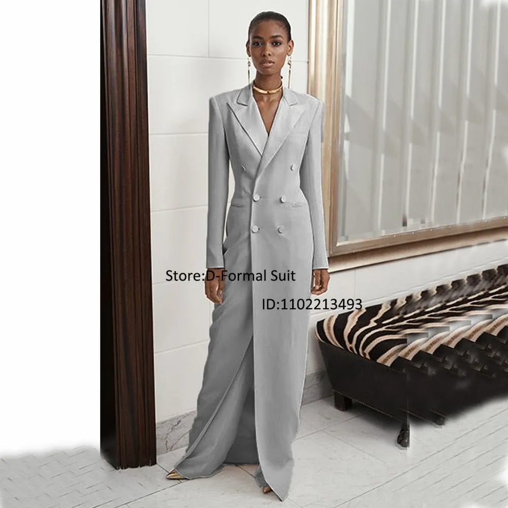 Women's White 2 Pieces Double Breasted Long Blazer Suits Set Elegant Designer Wide Leg Pants Celebrity костюм женский Tailored