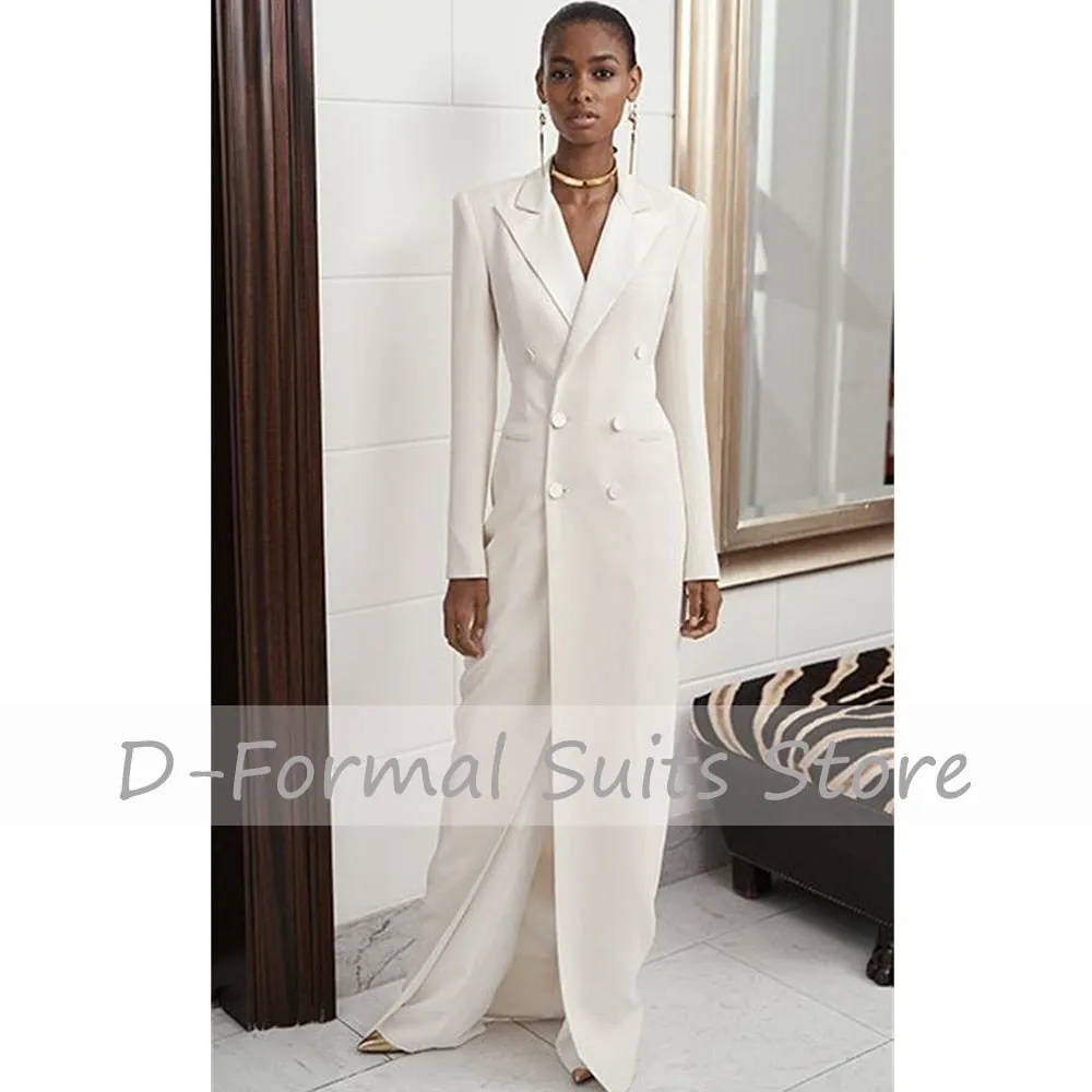 Women's White 2 Pieces Double Breasted Long Blazer Suits Set Elegant Designer Wide Leg Pants Celebrity костюм женский Tailored