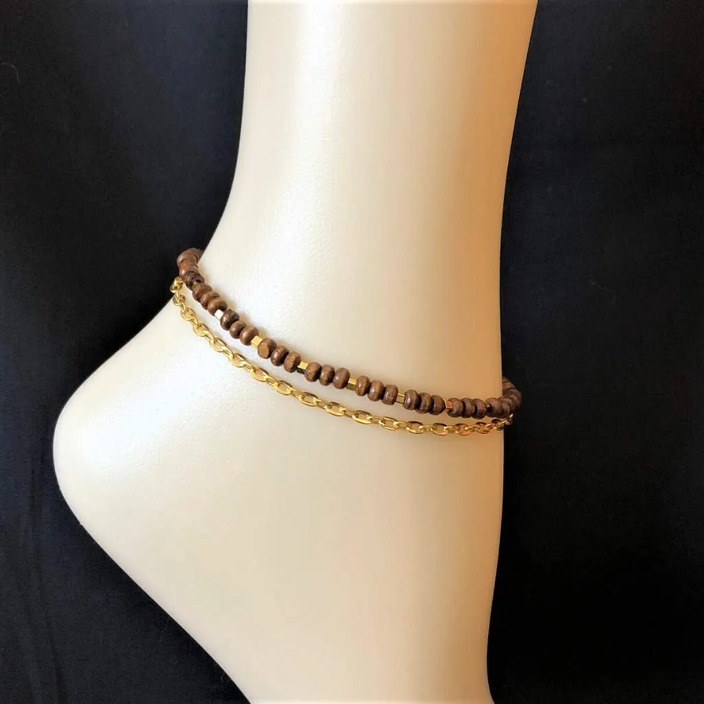 Wood and Gold Chain Layered Anklet