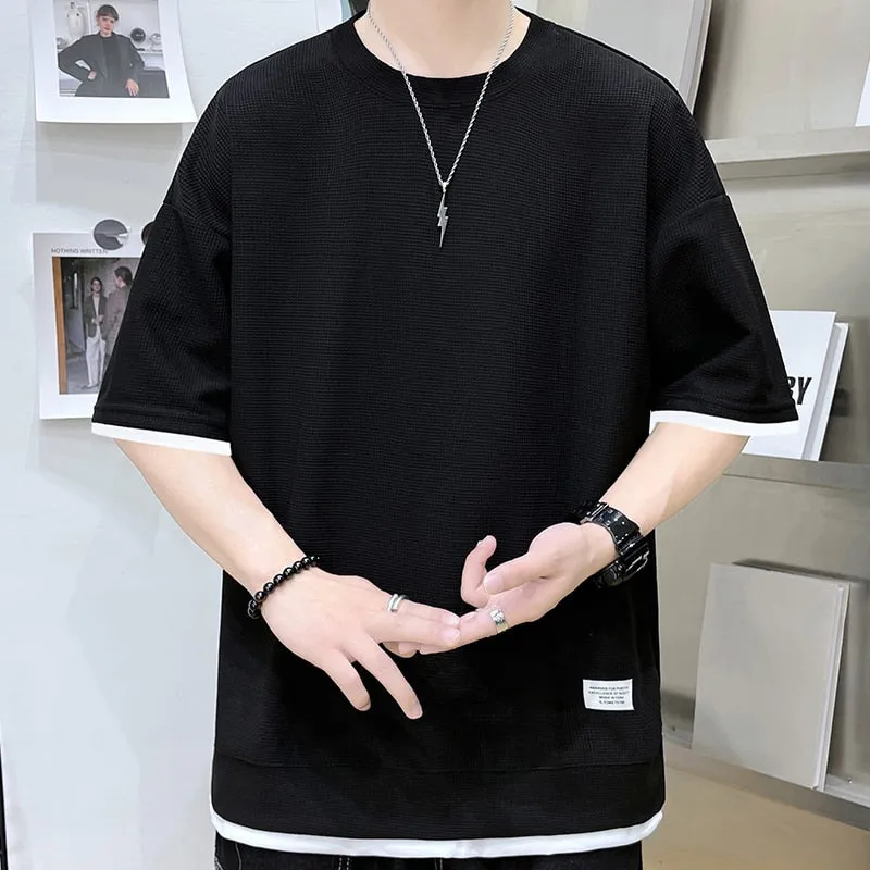 Xituodai Casual Men's Waffle Short-Sleeved T-Shirt Men's 2022 Summer New Simple Loose T-Shirt Fashion Round Neck Quick-Drying Me