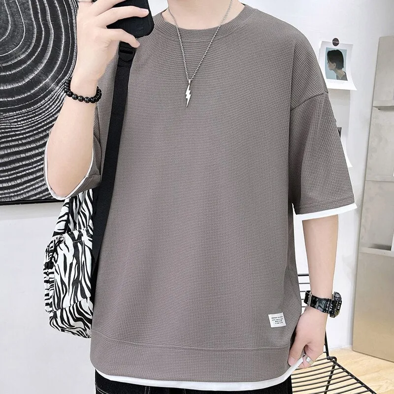 Xituodai Casual Men's Waffle Short-Sleeved T-Shirt Men's 2022 Summer New Simple Loose T-Shirt Fashion Round Neck Quick-Drying Me