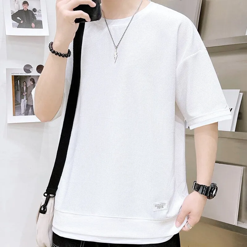 Xituodai Casual Men's Waffle Short-Sleeved T-Shirt Men's 2022 Summer New Simple Loose T-Shirt Fashion Round Neck Quick-Drying Me