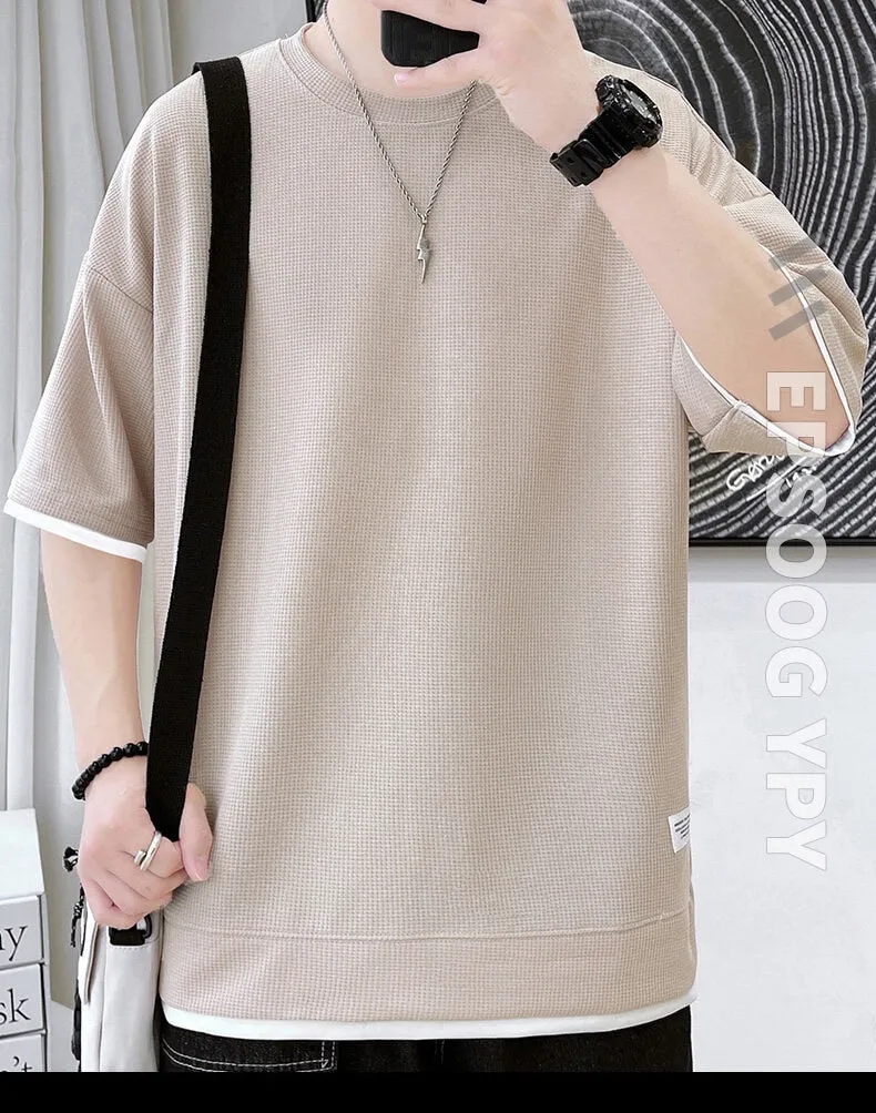 Xituodai Casual Men's Waffle Short-Sleeved T-Shirt Men's 2022 Summer New Simple Loose T-Shirt Fashion Round Neck Quick-Drying Me