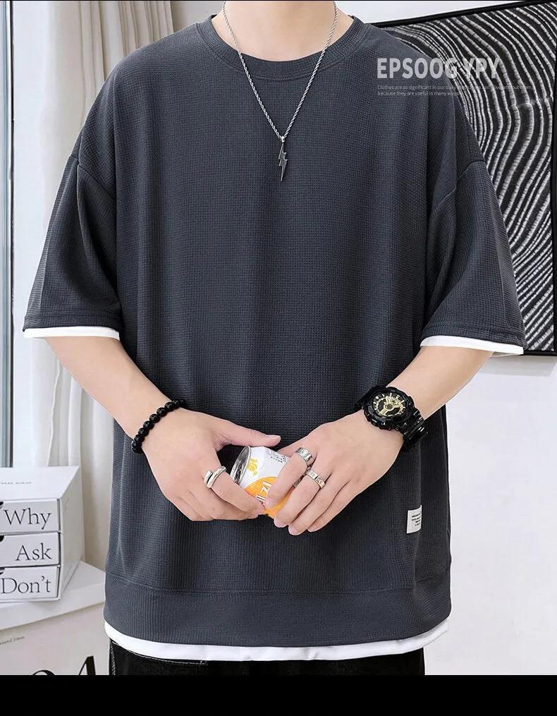 Xituodai Casual Men's Waffle Short-Sleeved T-Shirt Men's 2022 Summer New Simple Loose T-Shirt Fashion Round Neck Quick-Drying Me