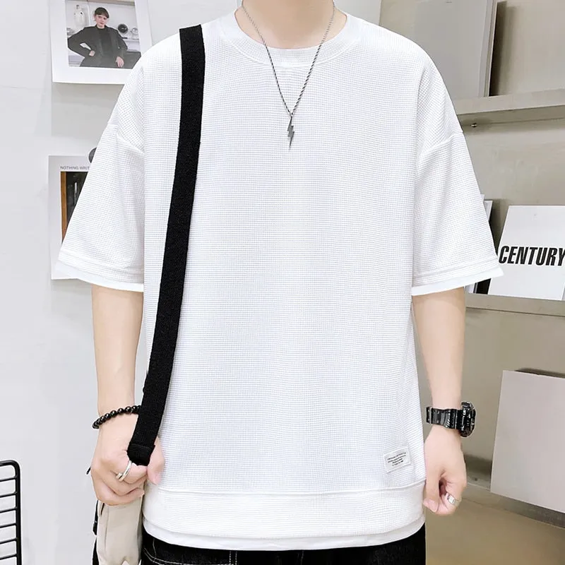 Xituodai Casual Men's Waffle Short-Sleeved T-Shirt Men's 2022 Summer New Simple Loose T-Shirt Fashion Round Neck Quick-Drying Me