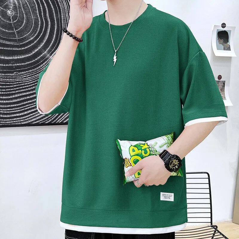 Xituodai Casual Men's Waffle Short-Sleeved T-Shirt Men's 2022 Summer New Simple Loose T-Shirt Fashion Round Neck Quick-Drying Me