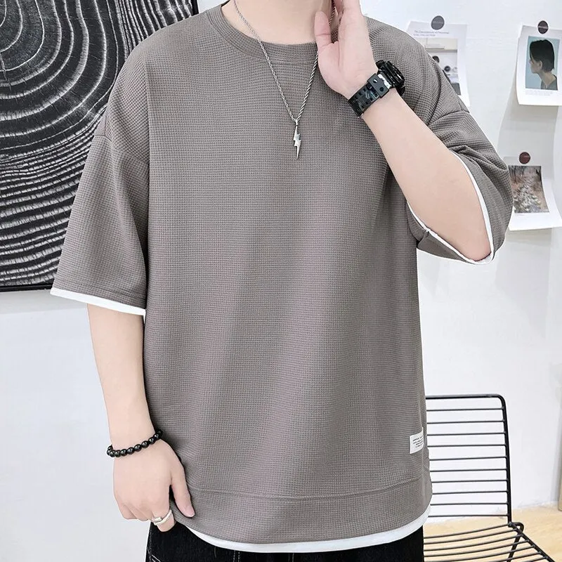 Xituodai Casual Men's Waffle Short-Sleeved T-Shirt Men's 2022 Summer New Simple Loose T-Shirt Fashion Round Neck Quick-Drying Me