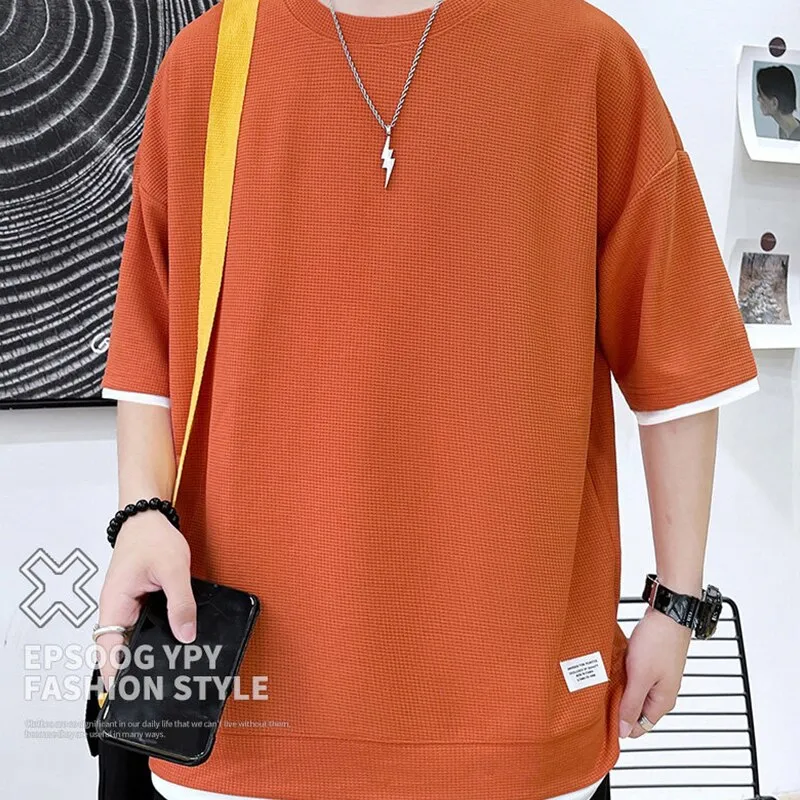 Xituodai Casual Men's Waffle Short-Sleeved T-Shirt Men's 2022 Summer New Simple Loose T-Shirt Fashion Round Neck Quick-Drying Me