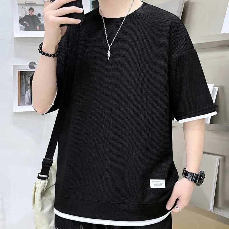 Xituodai Casual Men's Waffle Short-Sleeved T-Shirt Men's 2022 Summer New Simple Loose T-Shirt Fashion Round Neck Quick-Drying Me