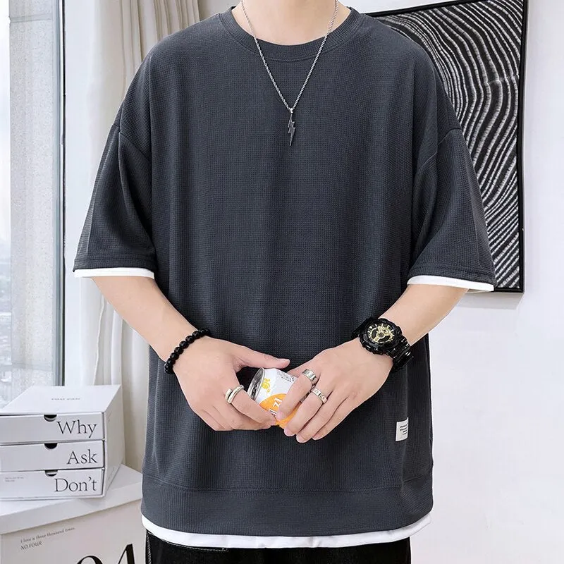 Xituodai Casual Men's Waffle Short-Sleeved T-Shirt Men's 2022 Summer New Simple Loose T-Shirt Fashion Round Neck Quick-Drying Me