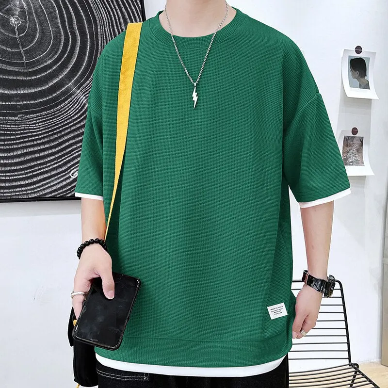 Xituodai Casual Men's Waffle Short-Sleeved T-Shirt Men's 2022 Summer New Simple Loose T-Shirt Fashion Round Neck Quick-Drying Me